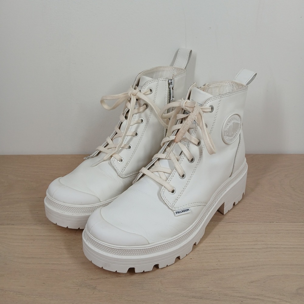 Palladium Boots Women 8 White Leather Combat Platform Lug Sole Light Academia